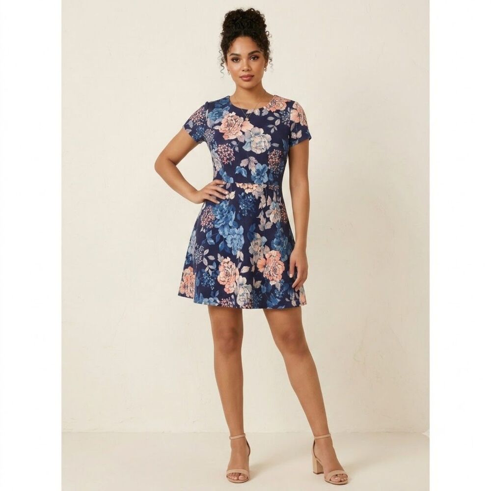 Eliza J Ponte Fit & Flare Dress 10 Crew Short A-line Vacation Floral  Navy Blue
